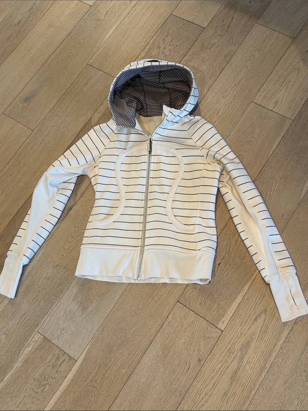 lululemon Scuba Zip Up Hoodie in Cream and Navy Striped